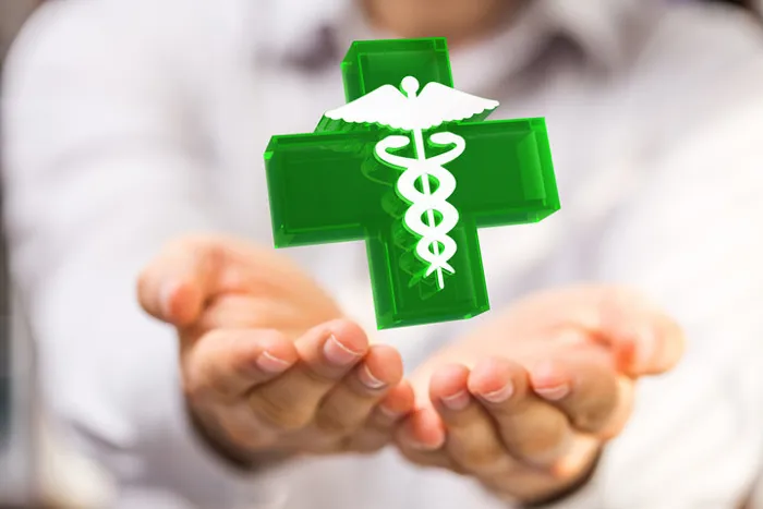 Hands holding a medical plus and medical staph with snakes