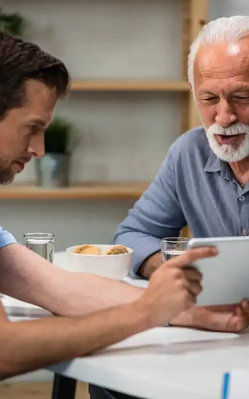 A male nurse extending a tablet to an older patient