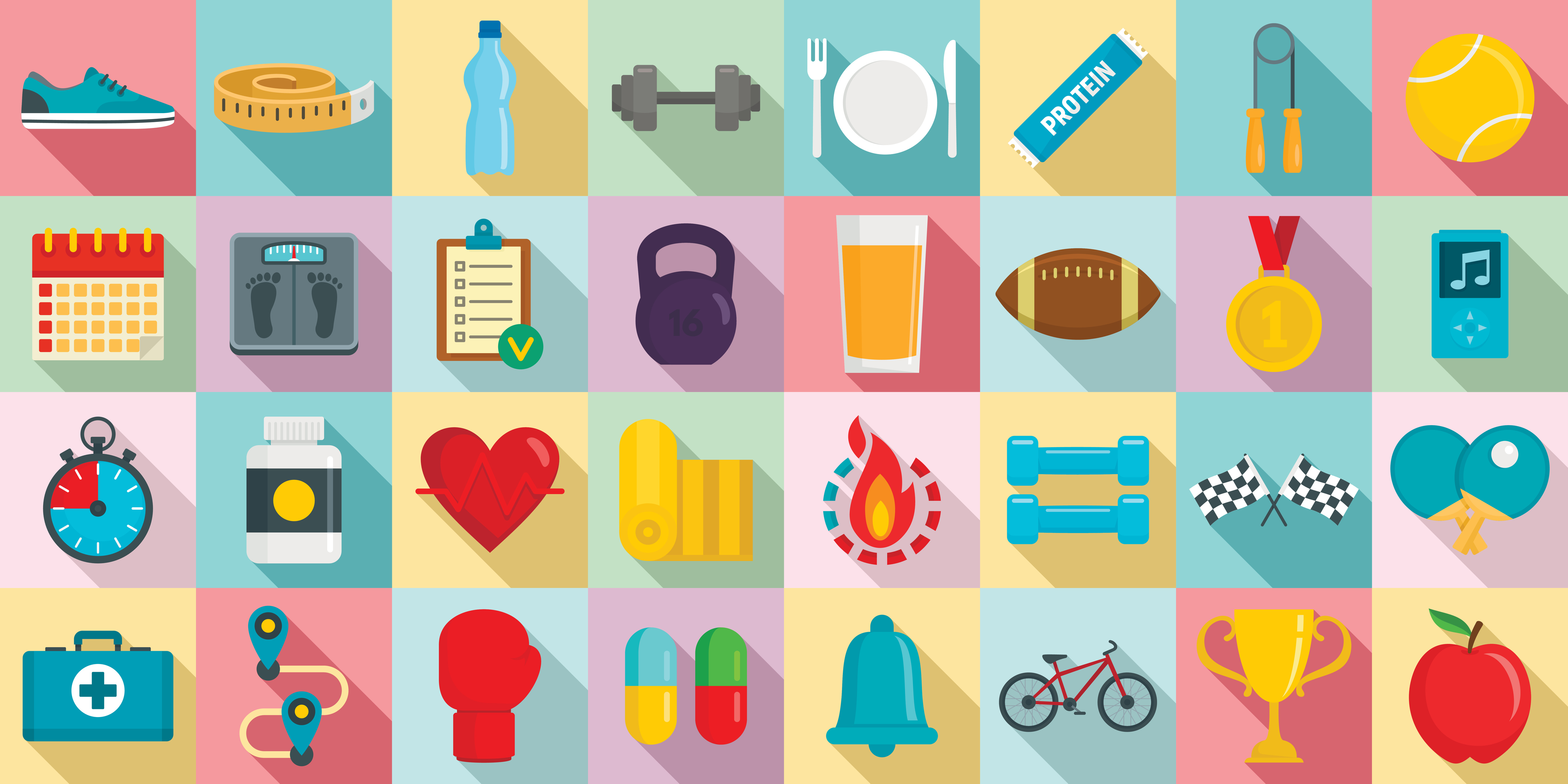 A collage of icons relating to mental health skill building such as medication and exercise