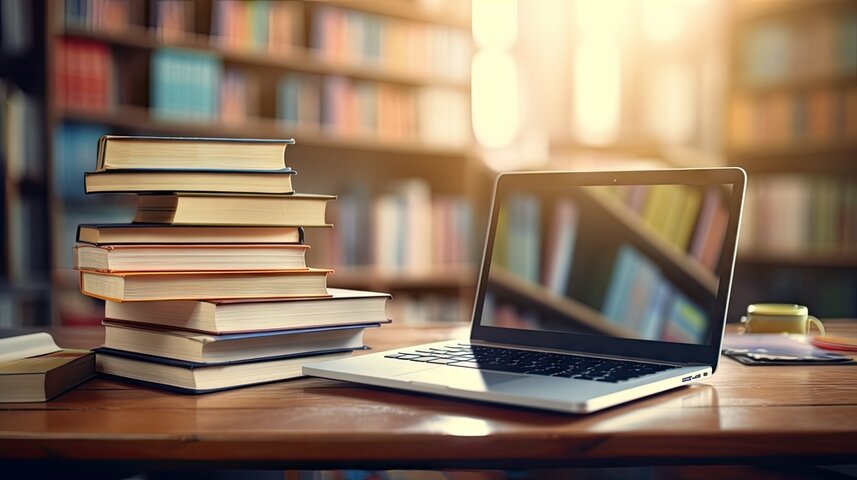 A laptop placed next to a pile of books in a library